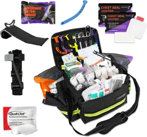 Lightning X Mid-Sized First Responder EMT Bag | LXMB25 | Fully Stocked w/ 248  First Aid Supplies   Trauma Pak w/C.A.T. Tourniquet & QuikClot - Black