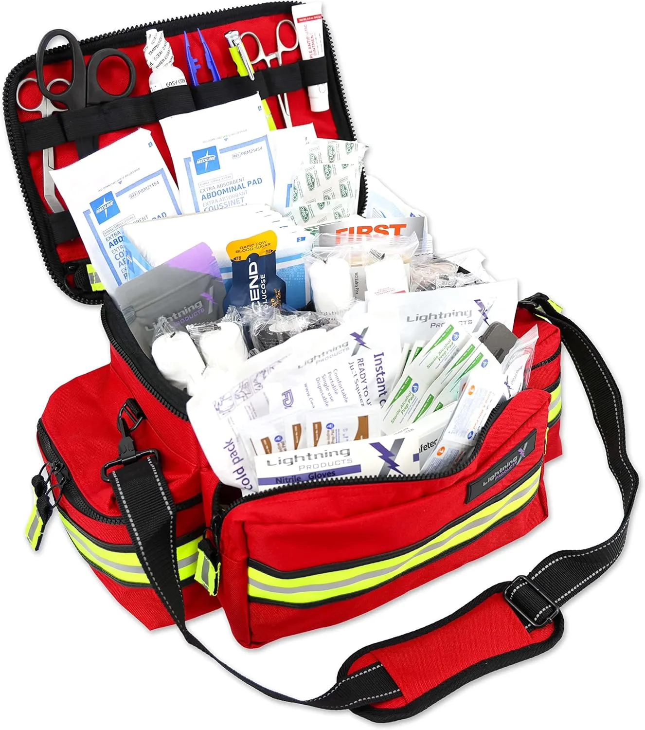 Lightning X Products Lightning X Mid-Sized First Responder EMT Bag | LXMB25 Fully Stocked Aid Kit w/ 200  BLS Supplies - RED