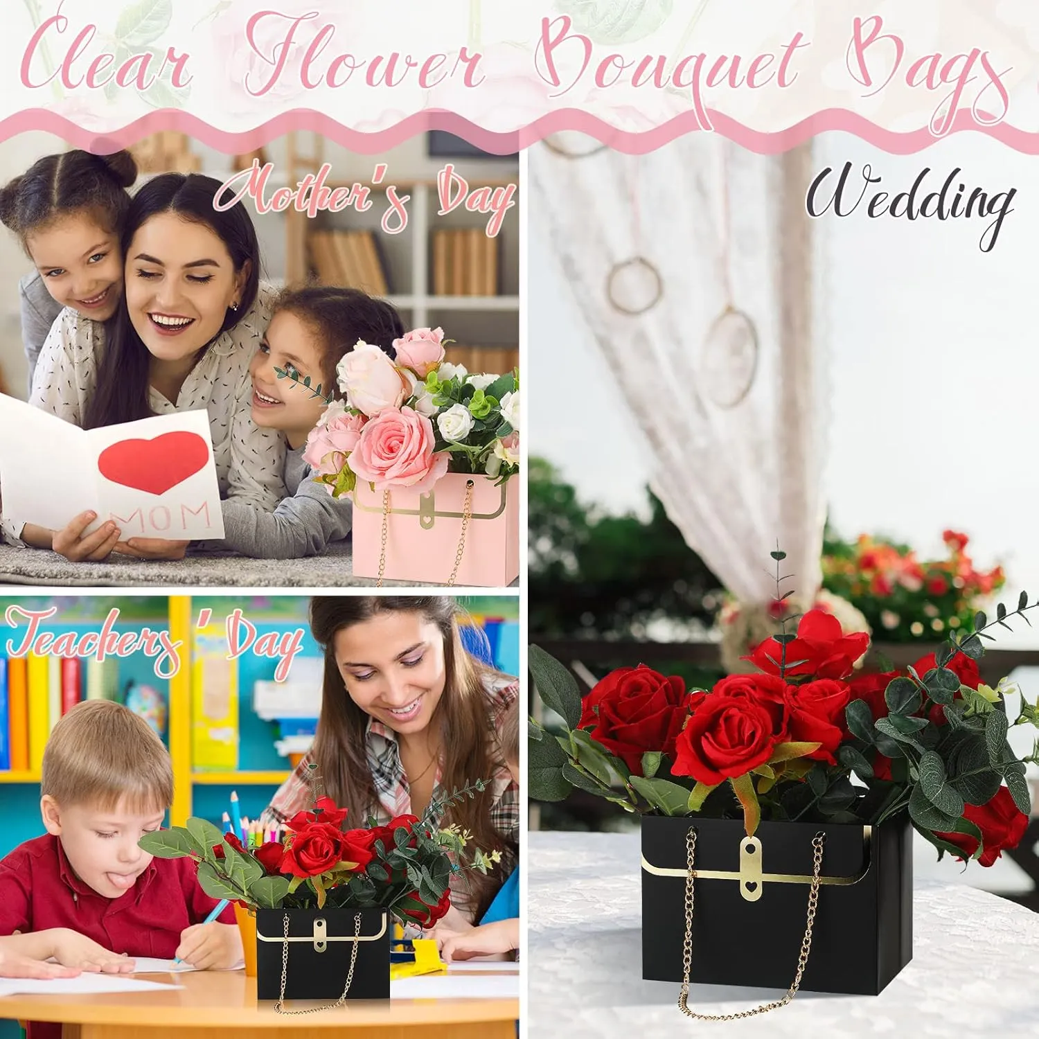 Lincia 12 Pcs Paper Flower Gift Bags Wedding Bouquet Flower Box with Handle Boxes for Arrangements Gift Wrapping Bags Florist Handbag for Wedding Baby Shower Party(Black, Pink)
