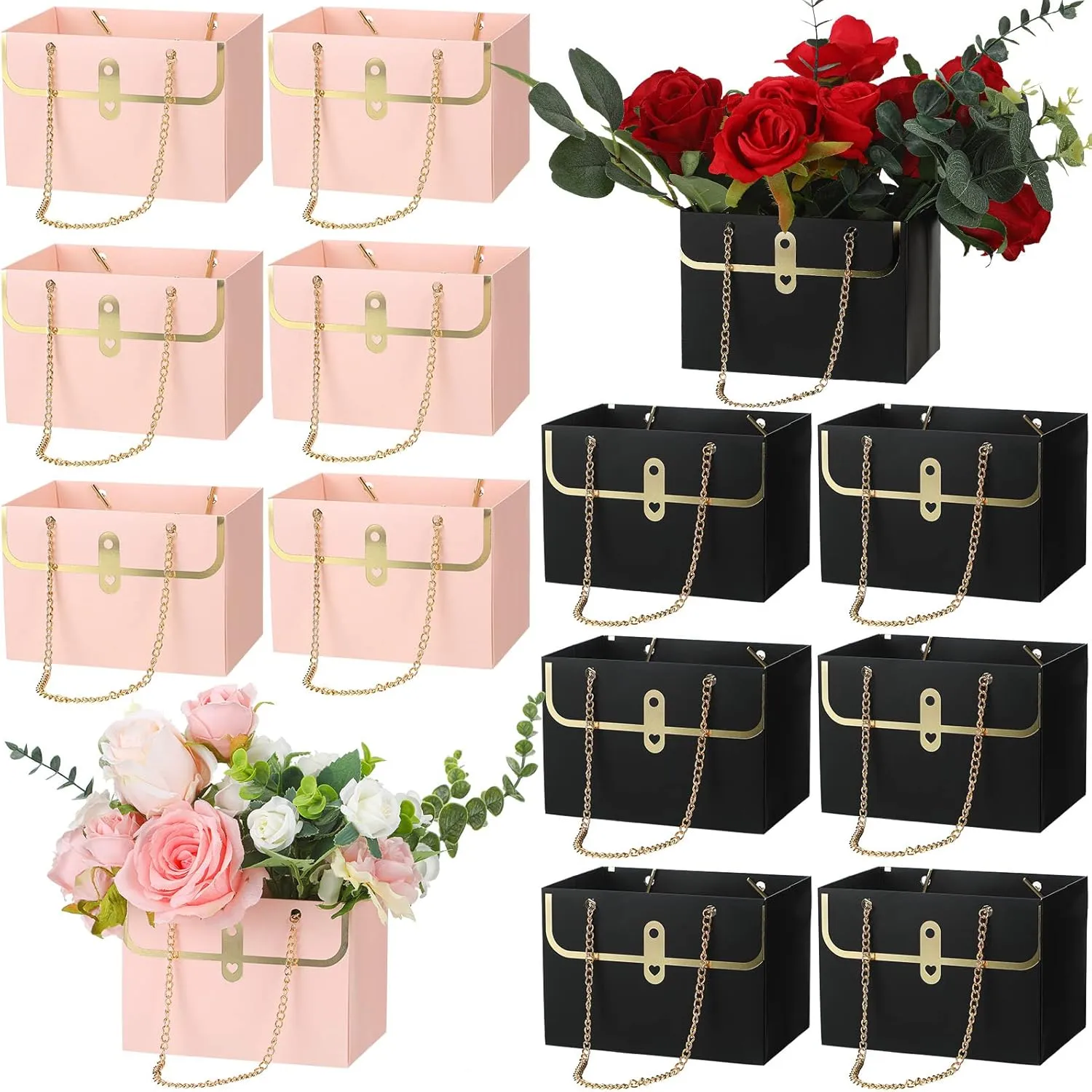 Lincia 12 Pcs Paper Flower Gift Bags Wedding Bouquet Flower Box with Handle Boxes for Arrangements Gift Wrapping Bags Florist Handbag for Wedding Baby Shower Party(Black, Pink)