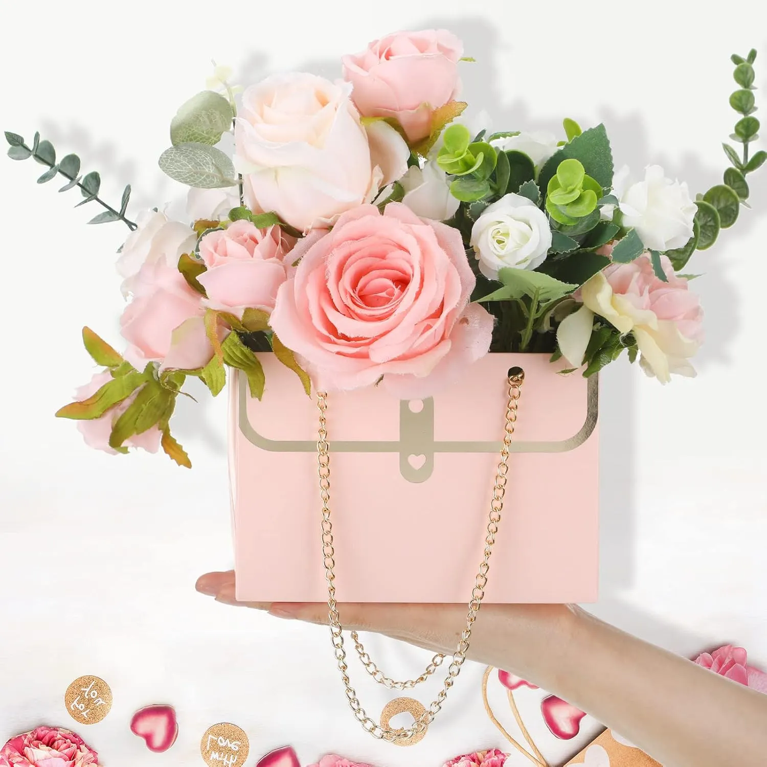 Lincia 12 Pcs Paper Flower Gift Bags Wedding Bouquet Flower Box with Handle Boxes for Arrangements Gift Wrapping Bags Florist Handbag for Wedding Baby Shower Party(Black, Pink)