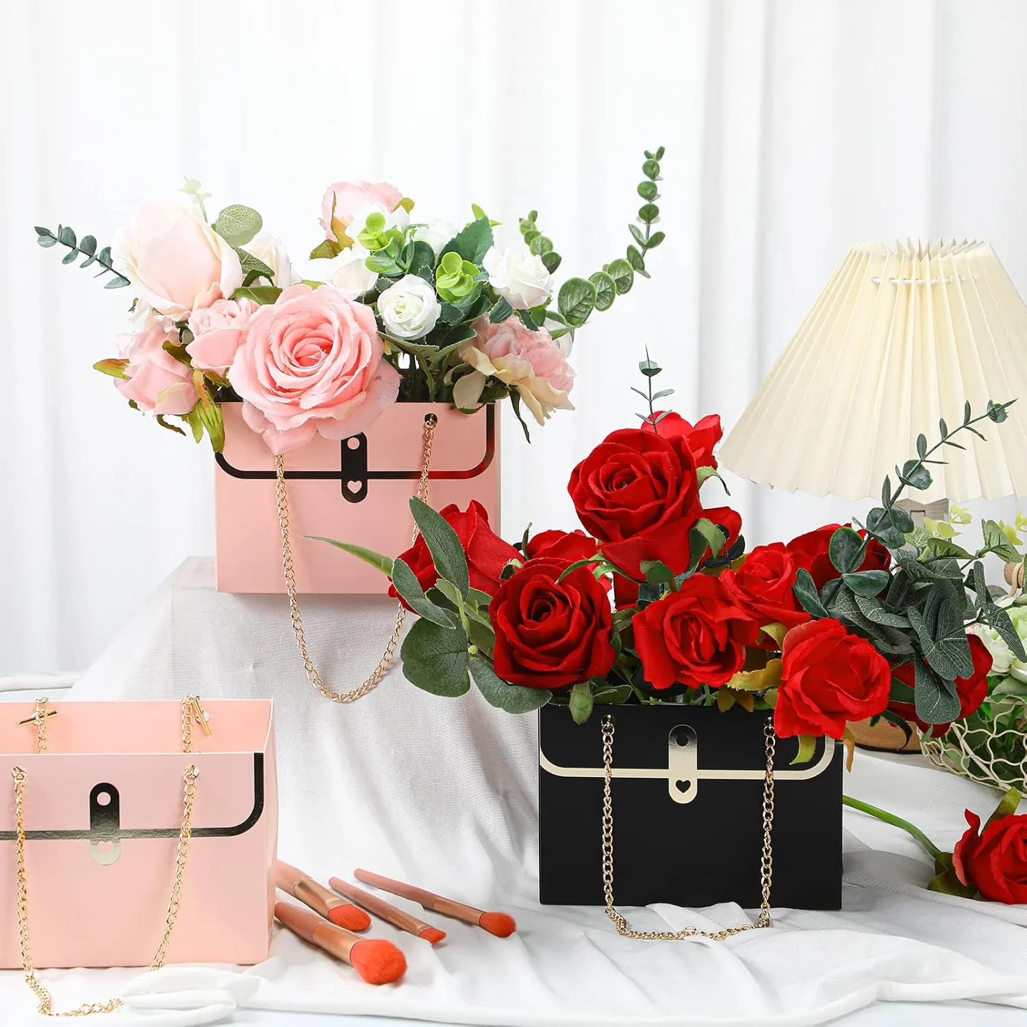 Lincia 12 Pcs Paper Flower Gift Bags Wedding Bouquet Flower Box with Handle Boxes for Arrangements Gift Wrapping Bags Florist Handbag for Wedding Baby Shower Party(Black, Pink)