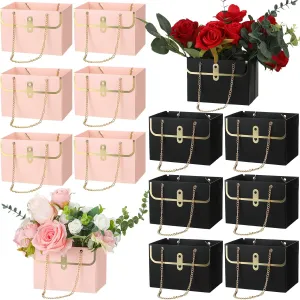 Lincia 12 Pcs Paper Flower Gift Bags Wedding Bouquet Flower Box with Handle Boxes for Arrangements Gift Wrapping Bags Florist Handbag for Wedding Baby Shower Party(Black, Pink)