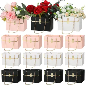 Lincia 12 Pcs Paper Flower Gift Bags Wedding Bouquet Flower Box with Handle Boxes for Arrangements Gift Wrapping Bags Florist Handbag for Wedding Baby Shower Party(Black, White, Pink)