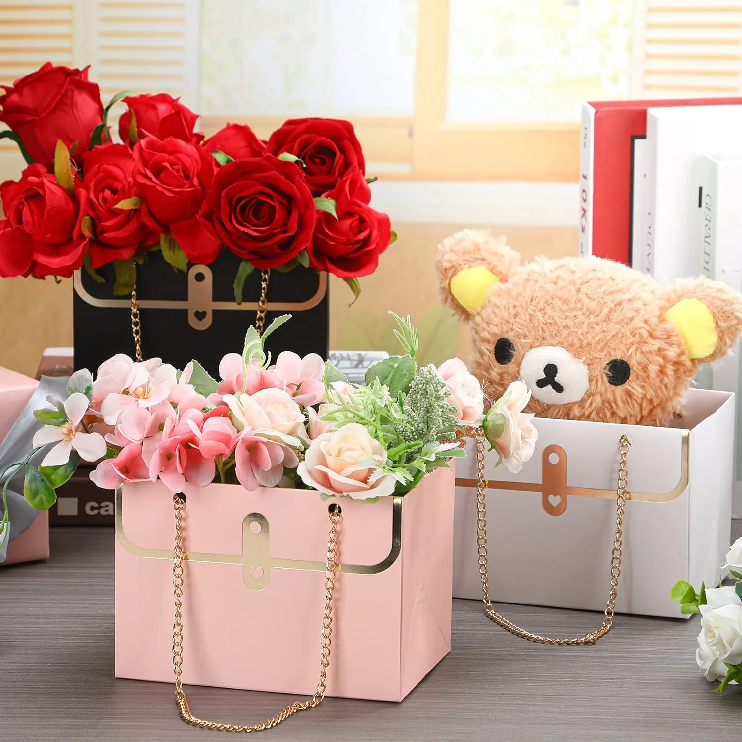 Lincia 12 Pcs Paper Flower Gift Bags Wedding Bouquet Flower Box with Handle Boxes for Arrangements Gift Wrapping Bags Florist Handbag for Wedding Baby Shower Party(Black, White, Pink)