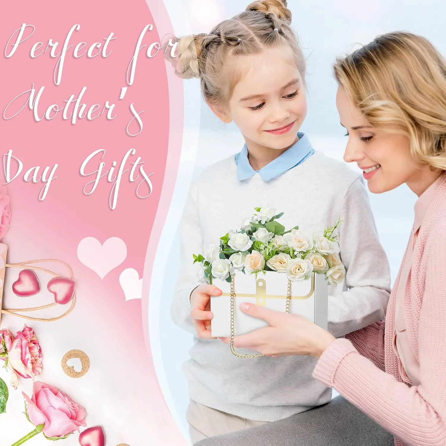 Lincia 12 Pcs Paper Flower Gift Bags Wedding Bouquet Flower Box with Handle Boxes for Arrangements Gift Wrapping Bags Florist Handbag for Wedding Baby Shower Party(Black, White, Pink)