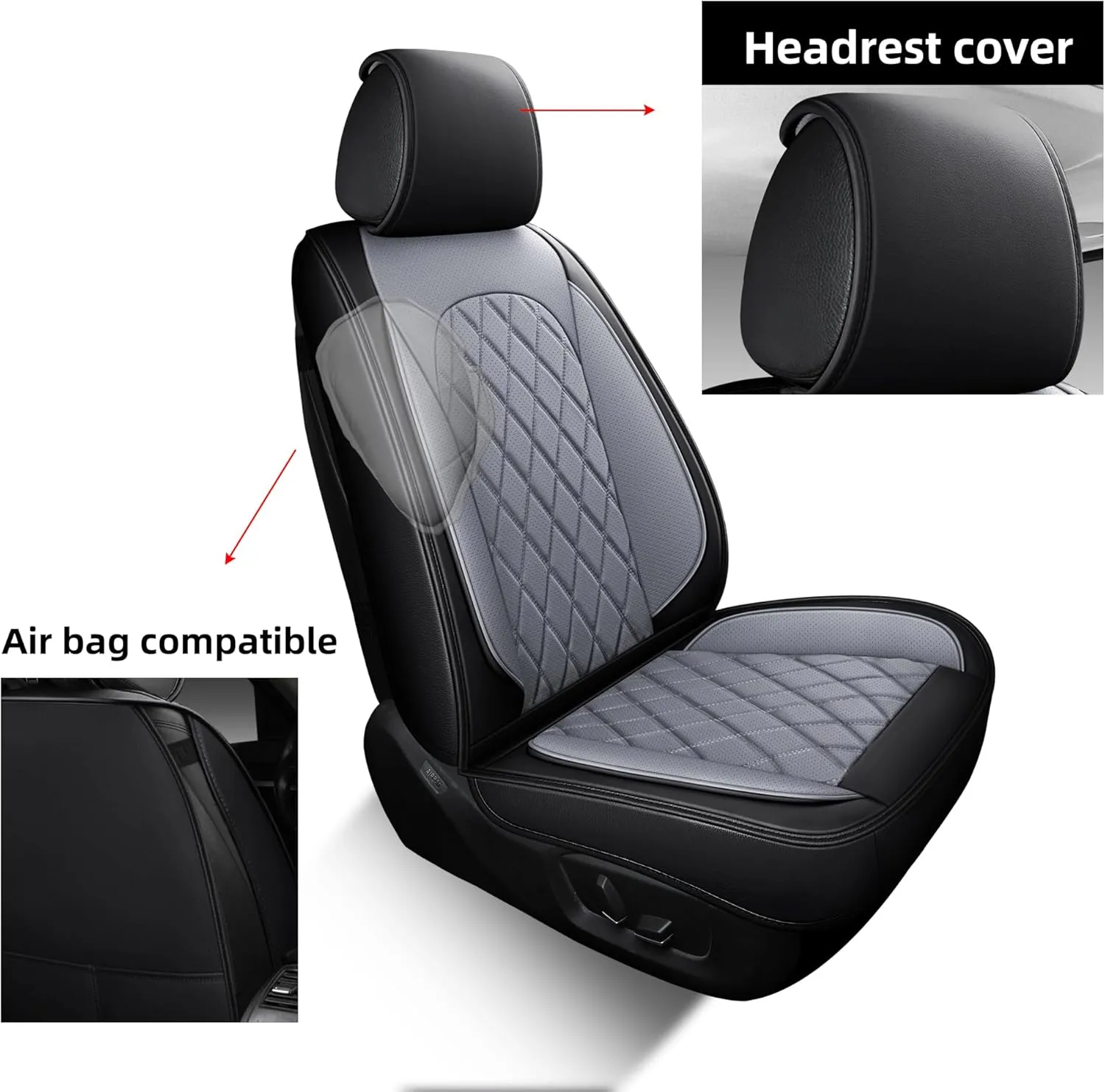 LINGVIDO Waterproof Leather Car Seat Cover, Universal Fit Front Seat Protector for Cars & SUV Trucks - Automotive Seat Covers Full Set Available (Black & Gray, Front seat)