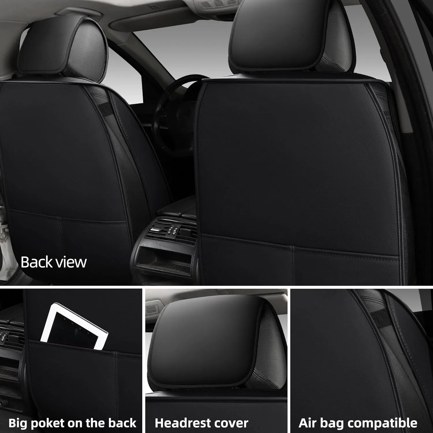 LINGVIDO Waterproof Leather Car Seat Cover, Universal Fit Front Seat Protector for Cars & SUV Trucks - Automotive Seat Covers Full Set Available (Black & Gray, Front seat)