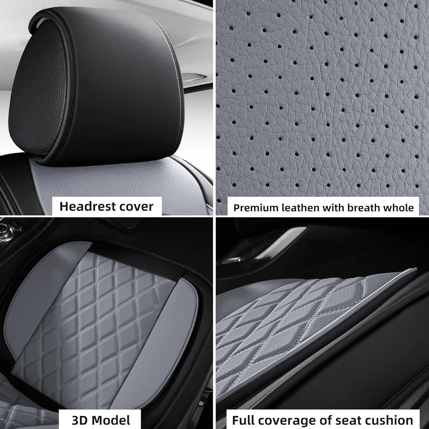 LINGVIDO Waterproof Leather Car Seat Cover, Universal Fit Front Seat Protector for Cars & SUV Trucks - Automotive Seat Covers Full Set Available (Black & Gray, Front seat)