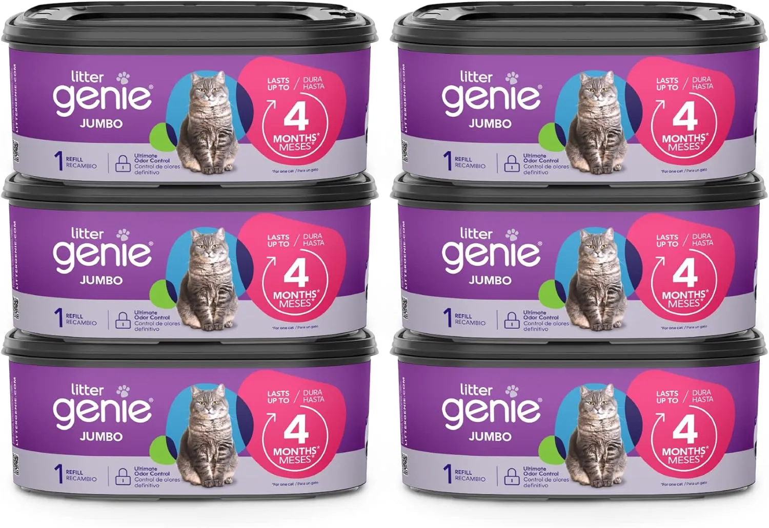 Litter Genie Refill Bags | Jumbo 6-Pack | Up to 24 months of supply in 6 cartridges | Ultimate Odor Control Cat Litter Bags