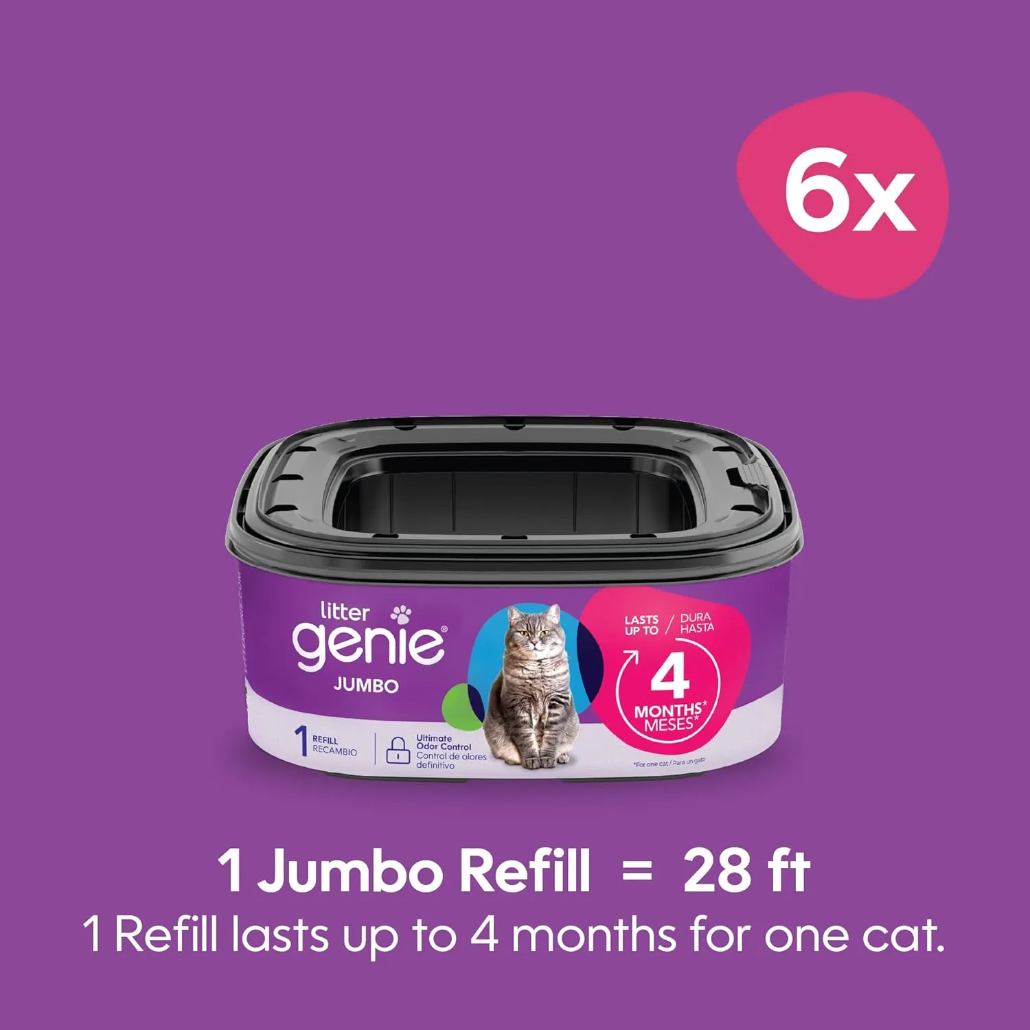 Litter Genie Refill Bags | Jumbo 6-Pack | Up to 24 months of supply in 6 cartridges | Ultimate Odor Control Cat Litter Bags