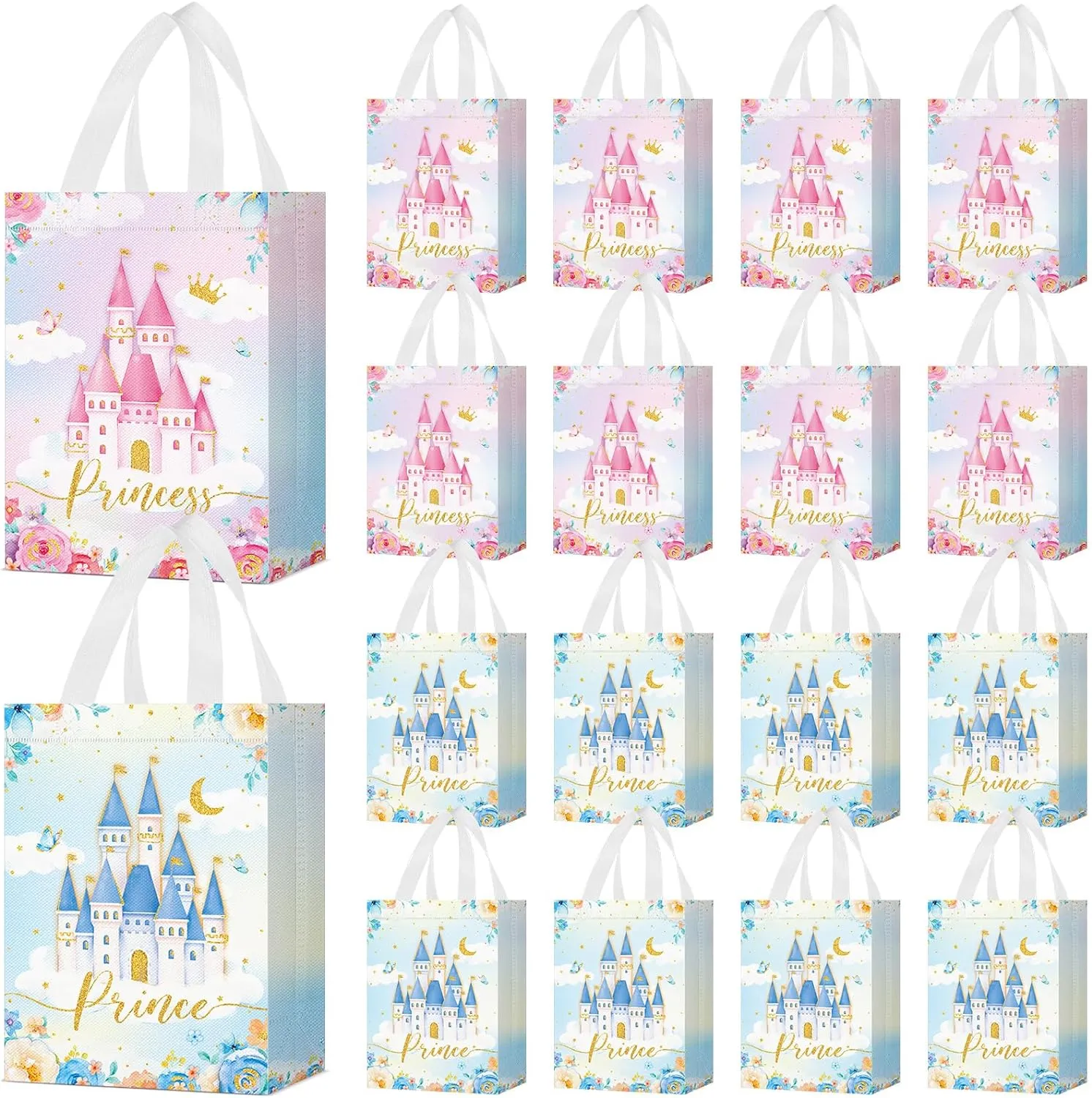 Locmeo 24 Pcs Prince and Princess Party Favor Bags with Handles Reusable Non Woven Castle Candy Goodie Bags Treat Blue Prince Pink Princess Gift Bag for Girl Boy Birthday Baby Shower, 8 x 4 x 10 Inch