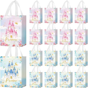 Locmeo 24 Pcs Prince and Princess Party Favor Bags with Handles Reusable Non Woven Castle Candy Goodie Bags Treat Blue Prince Pink Princess Gift Bag for Girl Boy Birthday Baby Shower, 8 x 4 x 10 Inch