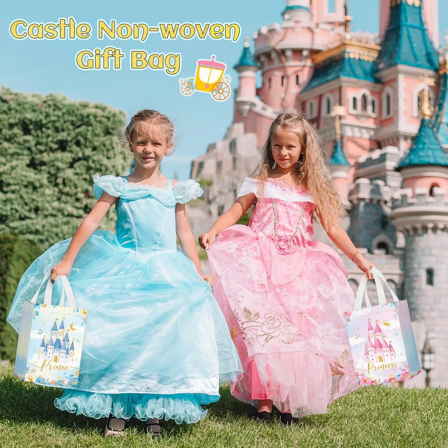 Locmeo 24 Pcs Prince and Princess Party Favor Bags with Handles Reusable Non Woven Castle Candy Goodie Bags Treat Blue Prince Pink Princess Gift Bag for Girl Boy Birthday Baby Shower, 8 x 4 x 10 Inch
