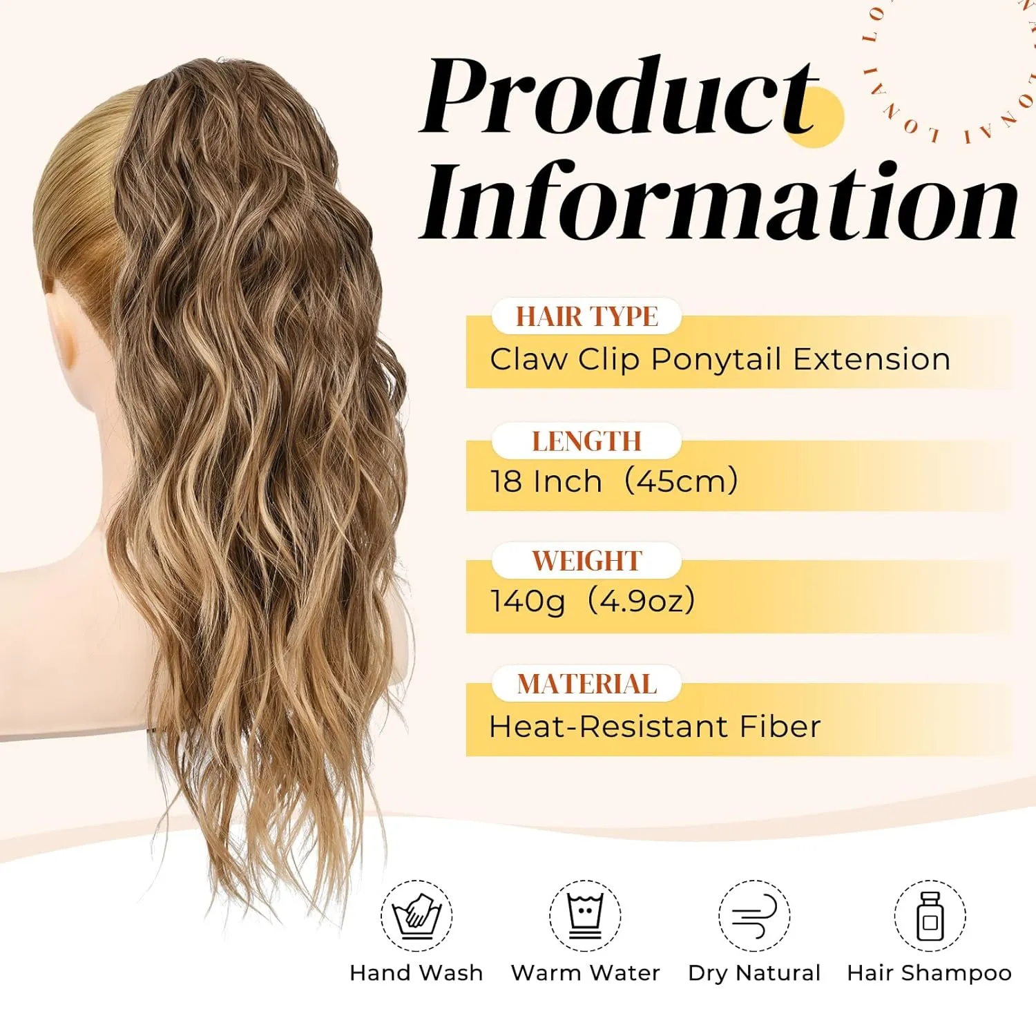 LONAI Ponytail Extension, 18" Wavy Claw Clip Ponytail Extensions ZJ001 Shoulder Length Curly Wavy Claw Clip in Ponytail Hair Extensions Synthetic Fake Pony tails Hairpieces-Ash Brown