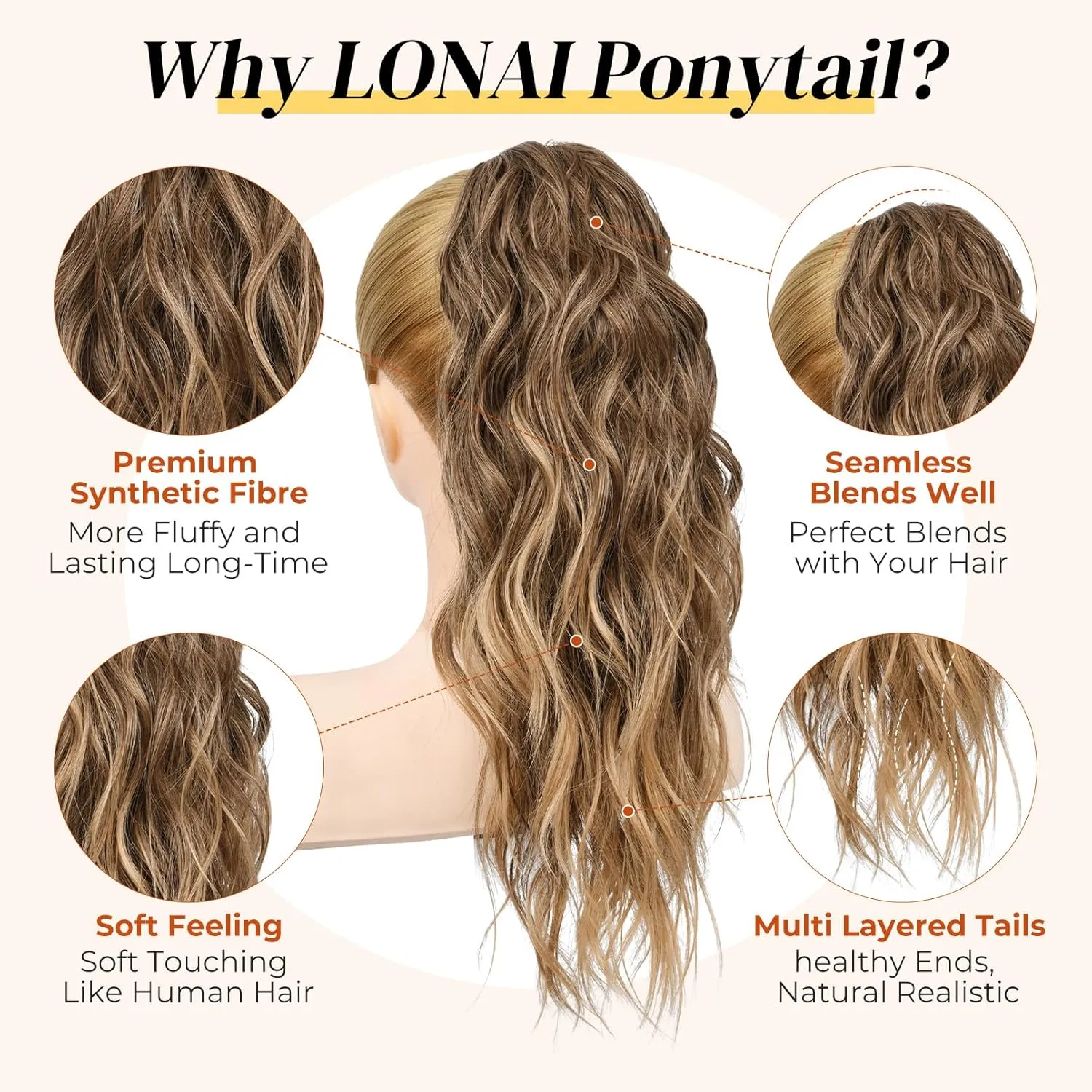 LONAI Ponytail Extension, 18" Wavy Claw Clip Ponytail Extensions ZJ001 Shoulder Length Curly Wavy Claw Clip in Ponytail Hair Extensions Synthetic Fake Pony tails Hairpieces-Ash Brown