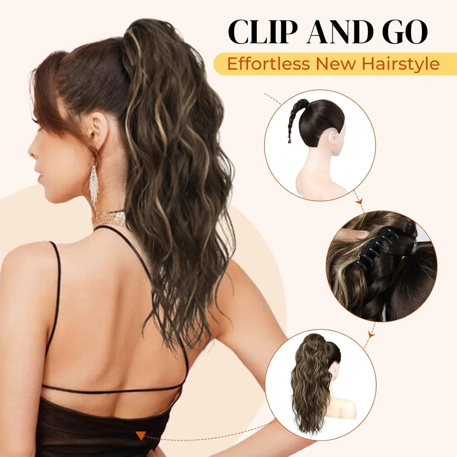LONAI Ponytail Extension, 18" Wavy Claw Clip Ponytail Extensions ZJ001 Shoulder Length Curly Wavy Claw Clip in Ponytail Hairpiece Synthetic Fake Pony tails Hairpieces-Black Brown