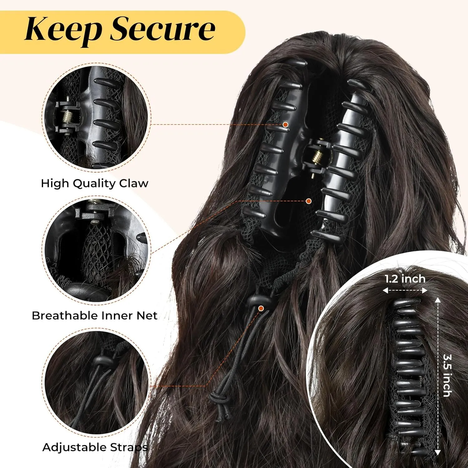 LONAI Ponytail Extension, 18" Wavy Claw Clip Ponytail Extensions ZJ001 Shoulder Length Curly Wavy Claw Clip in Ponytail Hairpiece Synthetic Fake Pony tails Hairpieces-Black Brown