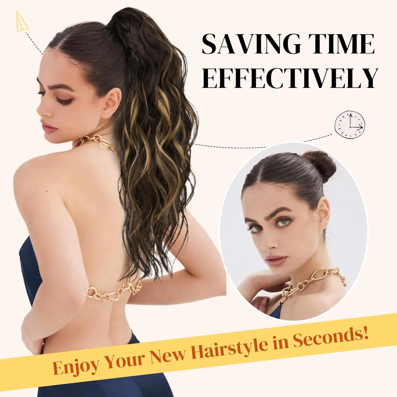 LONAI Ponytail Extension, 18" Wavy Claw Clip Ponytail Extensions ZJ001 Shoulder Length Curly Wavy Claw Clip in Ponytail Hairpiece Synthetic Fake Pony tails Hairpieces-Black Brown