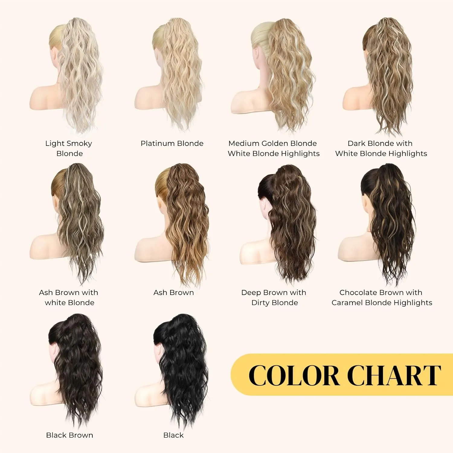 LONAI Ponytail Extension, 18" Wavy Claw Clip Ponytail Extensions ZJ001 Shoulder Length Curly Wavy Claw Clip in Ponytail Hairpiece Synthetic Fake Pony tails Hairpieces-Black Brown