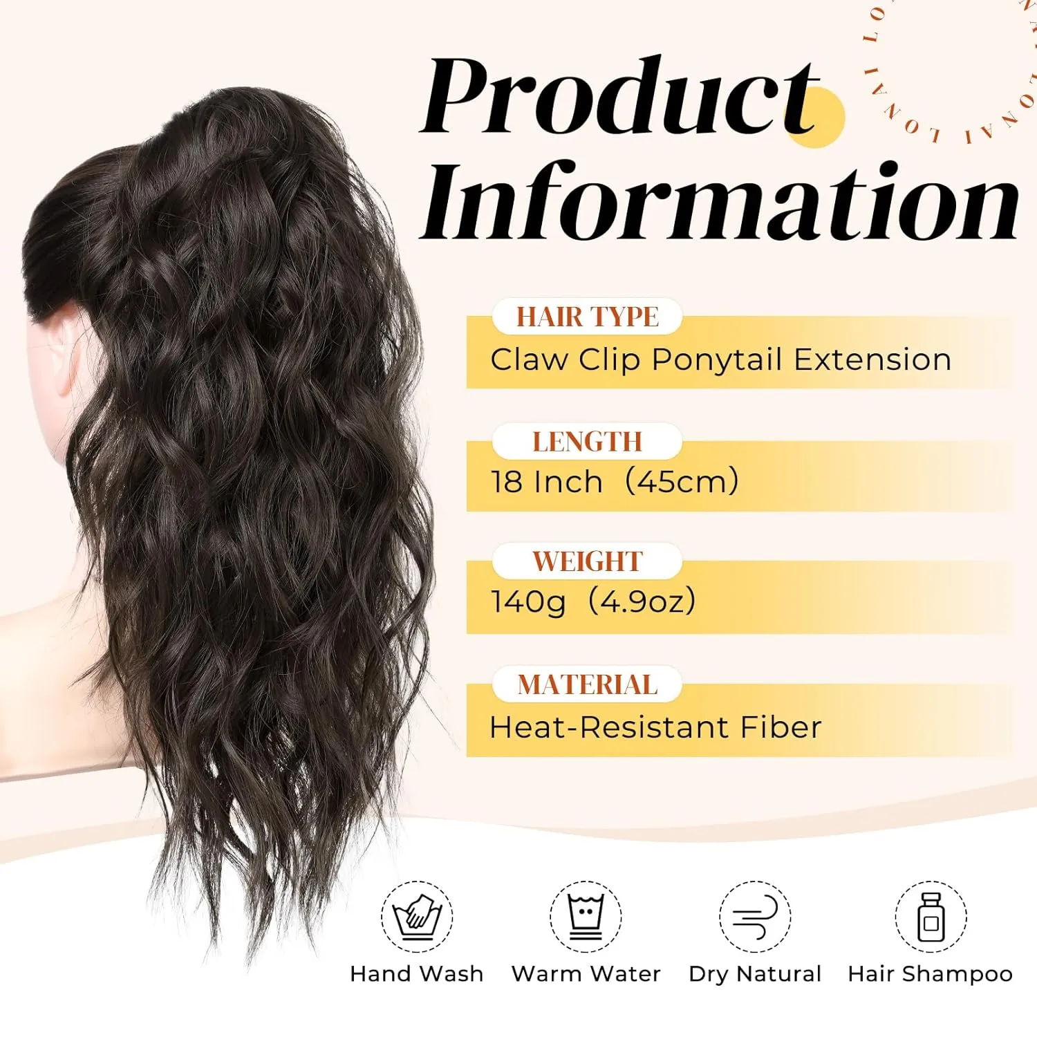LONAI Ponytail Extension, 18" Wavy Claw Clip Ponytail Extensions ZJ001 Shoulder Length Curly Wavy Claw Clip in Ponytail Hairpiece Synthetic Fake Pony tails Hairpieces-Black Brown