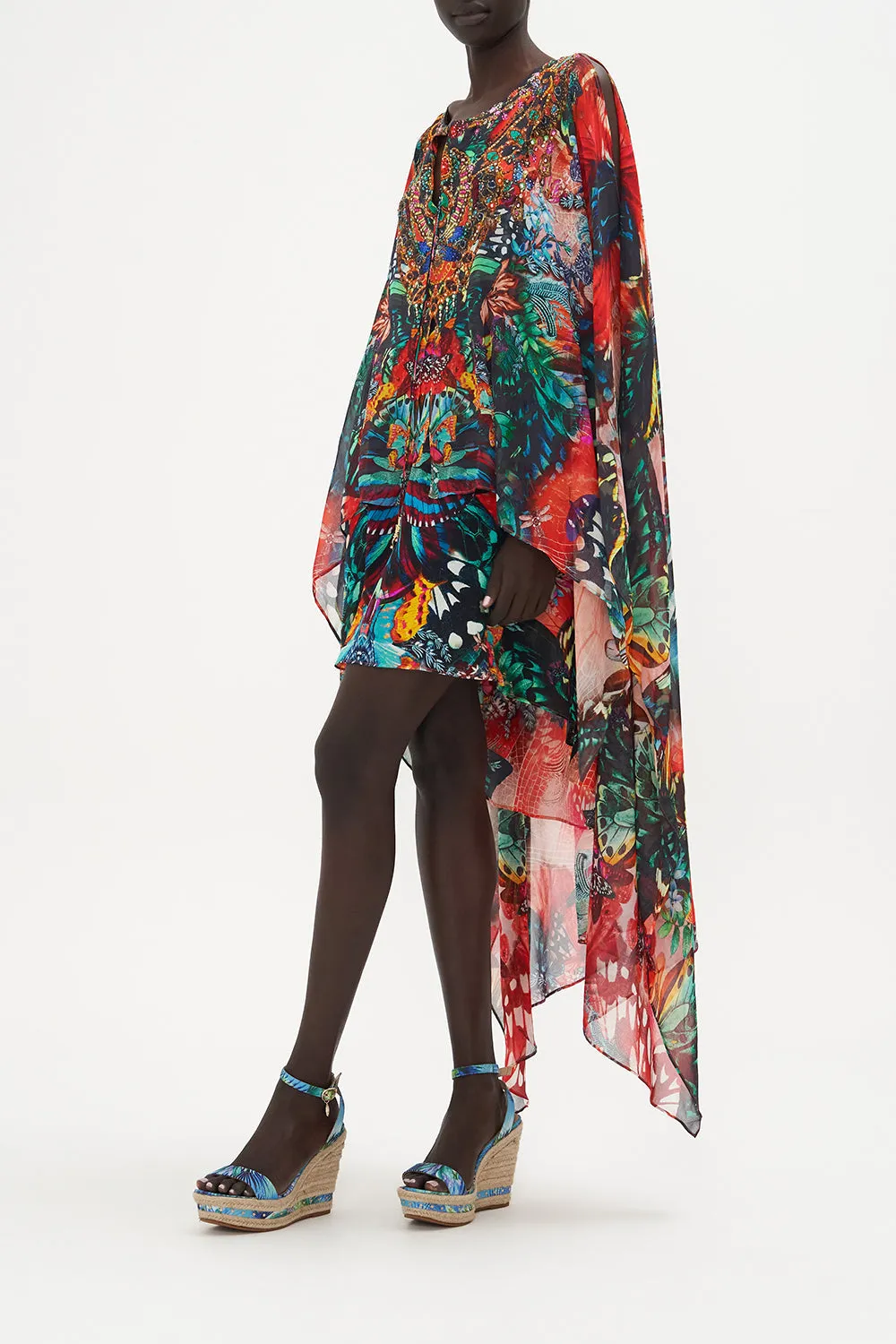 LONG SHEER OVERLAY DRESS IN A FLUTTER
