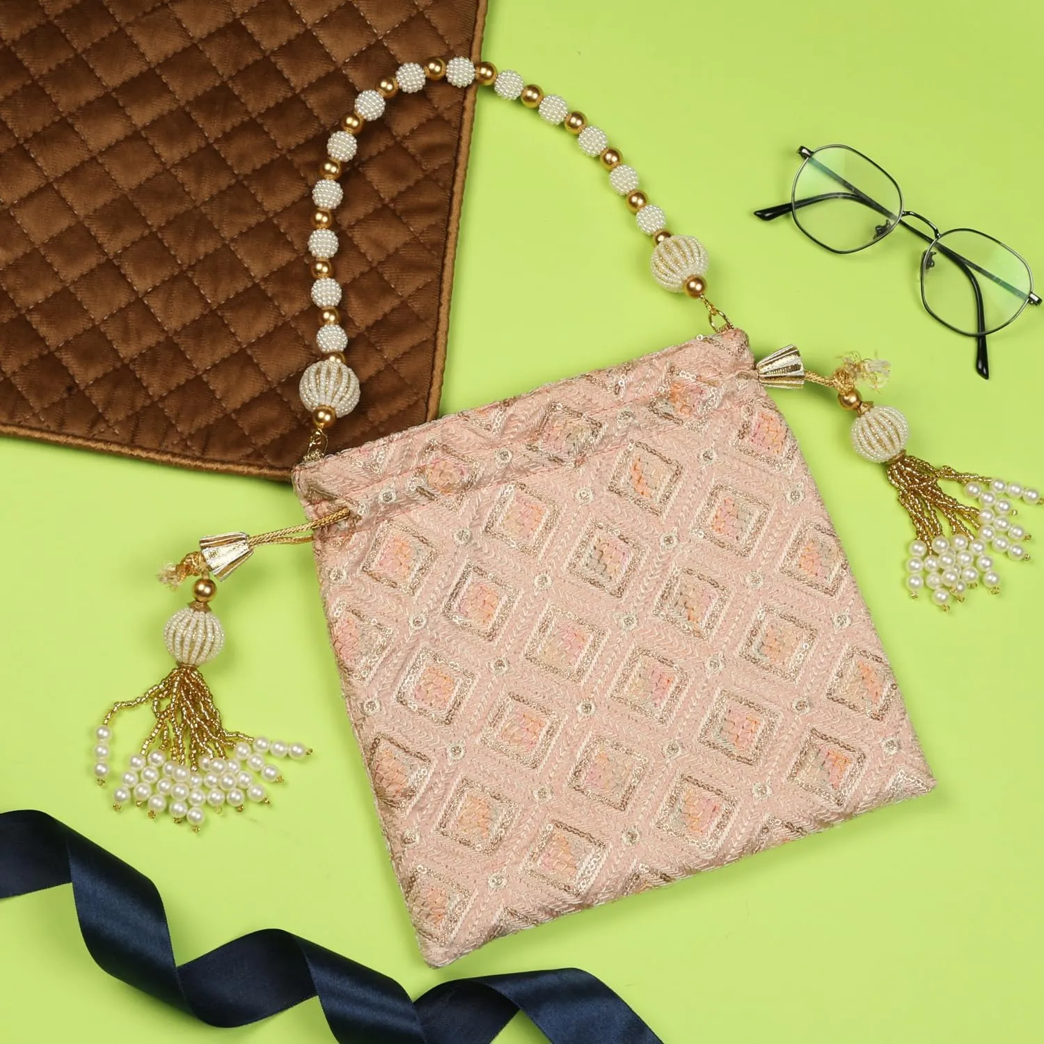 LONGING TO BUY Indian Embroidered Pearl Potli Bag For Women, Sequence Design with Tassel, Wedding Potli Bags