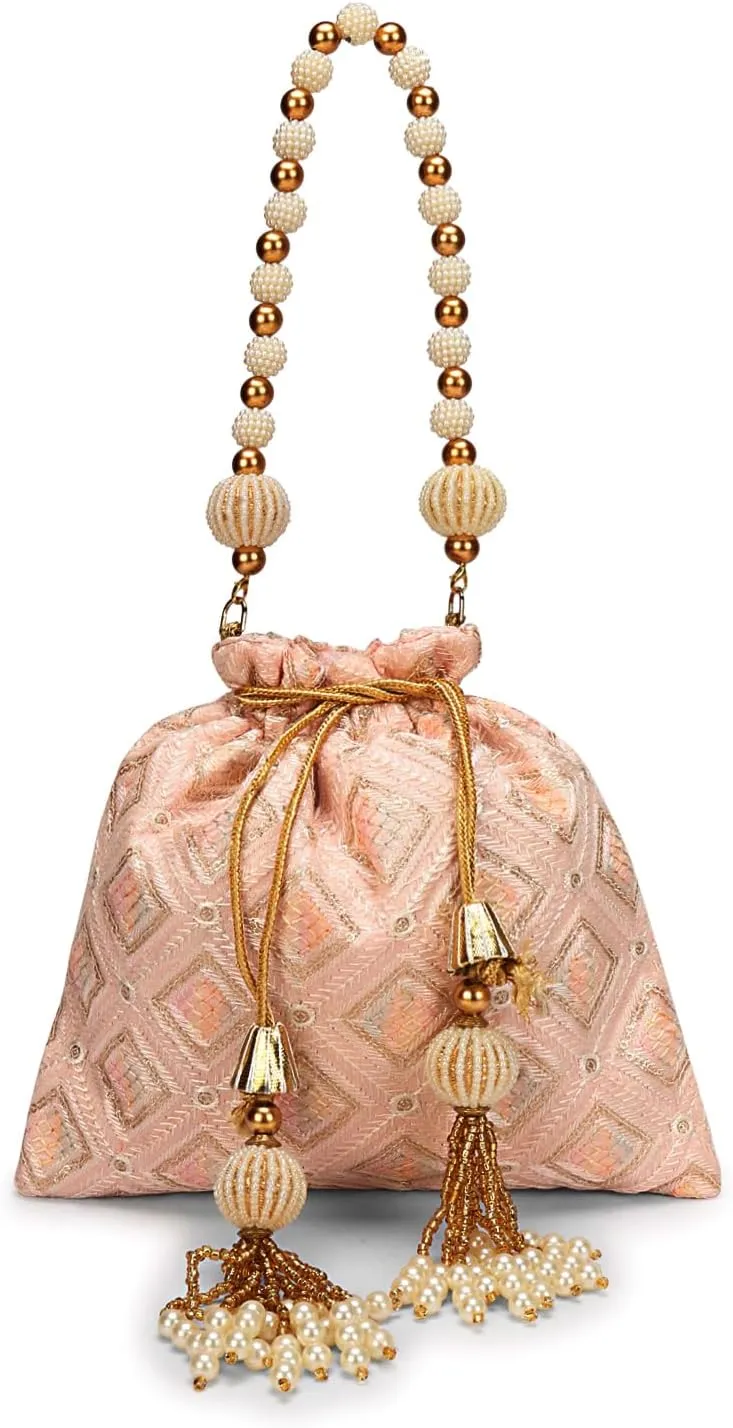 LONGING TO BUY Indian Embroidered Pearl Potli Bag For Women, Sequence Design with Tassel, Wedding Potli Bags
