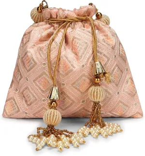 LONGING TO BUY Indian Embroidered Pearl Potli Bag For Women, Sequence Design with Tassel, Wedding Potli Bags