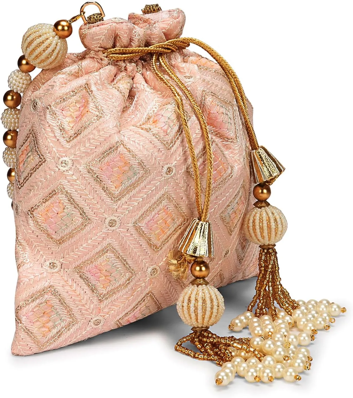 LONGING TO BUY Indian Embroidered Pearl Potli Bag For Women, Sequence Design with Tassel, Wedding Potli Bags
