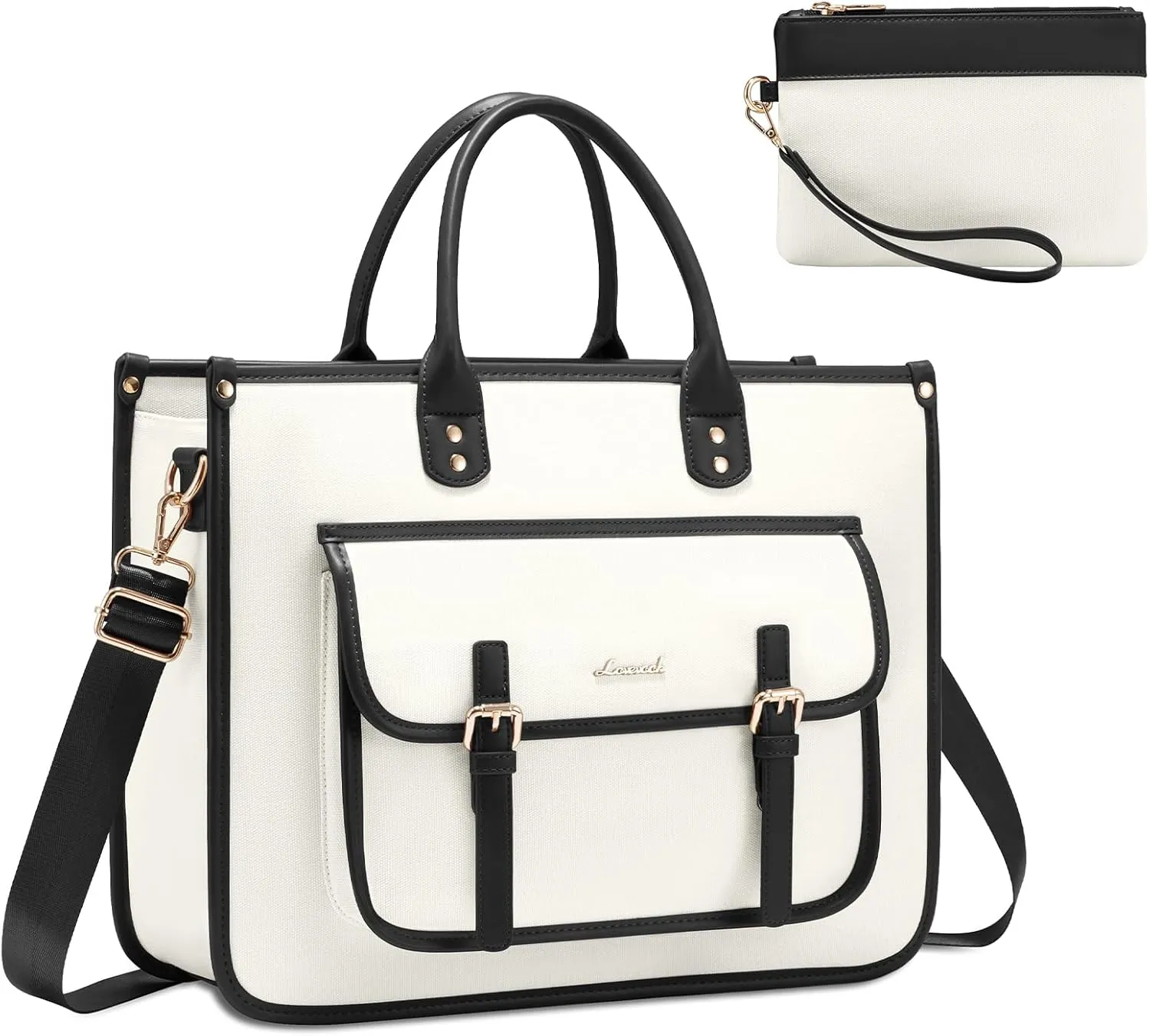 LOVEVOOK Laptop Bag for Women 15.6 inch Lightweight Canvas Laptop Tote Bag, Large Capacity Shoulder Messenger Bag for Business, Work, Office, Travel, School（Beige & Black，15.6 Inch）