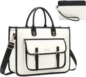 LOVEVOOK Laptop Bag for Women 15.6 inch Lightweight Canvas Laptop Tote Bag, Large Capacity Shoulder Messenger Bag for Business, Work, Office, Travel, School（Beige & Black，15.6 Inch）