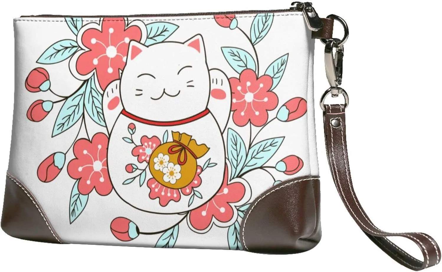 Luck Cat Flower Women Leather Clutch Bag Wristlet Handbags Purses Evening Bag Clutch Purse