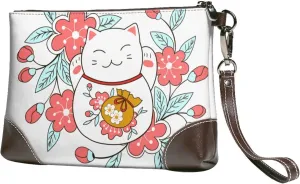 Luck Cat Flower Women Leather Clutch Bag Wristlet Handbags Purses Evening Bag Clutch Purse