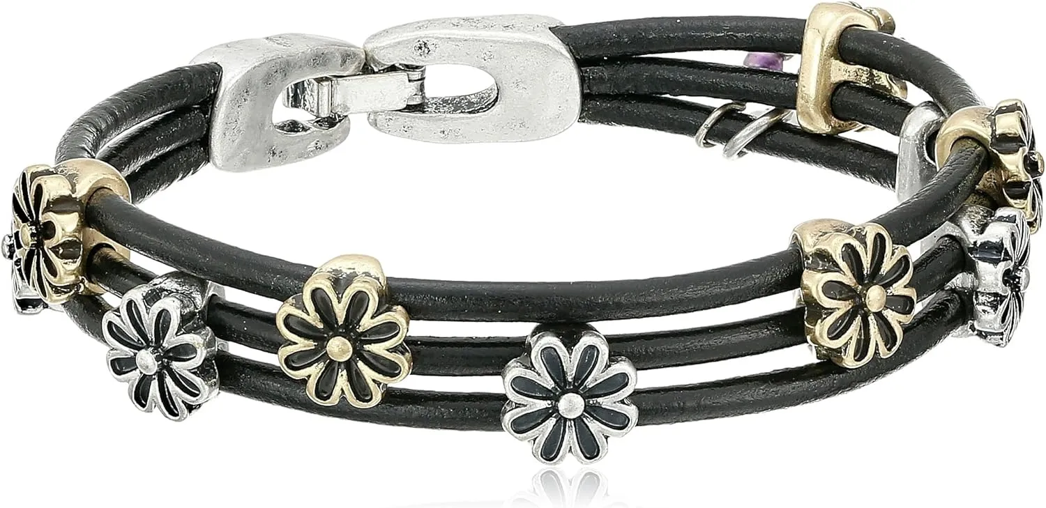 Lucky Brand Two Tone Flower Woven Leather Bracelet