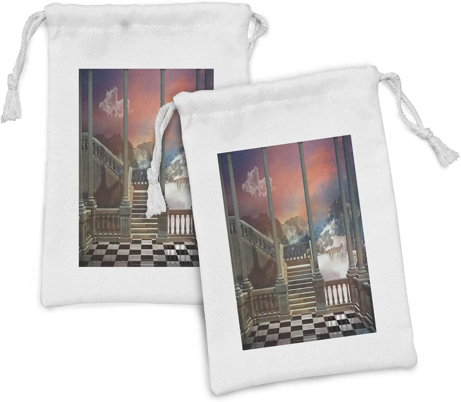 Lunarable Landscape Fabric Pouch Set of 2, View of Castle Balcony Fantasy Land Mountains Waterfall and Dramatic Sky, Small Drawstring Bag for Toiletries Masks and Favors, 9" x 6", Multicolor