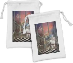 Lunarable Landscape Fabric Pouch Set of 2, View of Castle Balcony Fantasy Land Mountains Waterfall and Dramatic Sky, Small Drawstring Bag for Toiletries Masks and Favors, 9" x 6", Multicolor