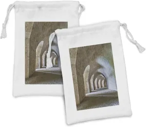 Lunarable Medieval Fabric Pouch Set of 2, Castle Tunnel Interior with Arches in a Bastion Fortress Historical Design, Small Drawstring Bag for Toiletries Masks and Favors, 9" x 6", Sand Brown Cream
