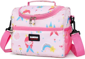 Lunch Bag for Girls Cooler Lunch Box for Children Student Kids Boys Small insulated Bento Bags for School Picnic with Detachable Strap Two Side Mesh Bottle Holder
