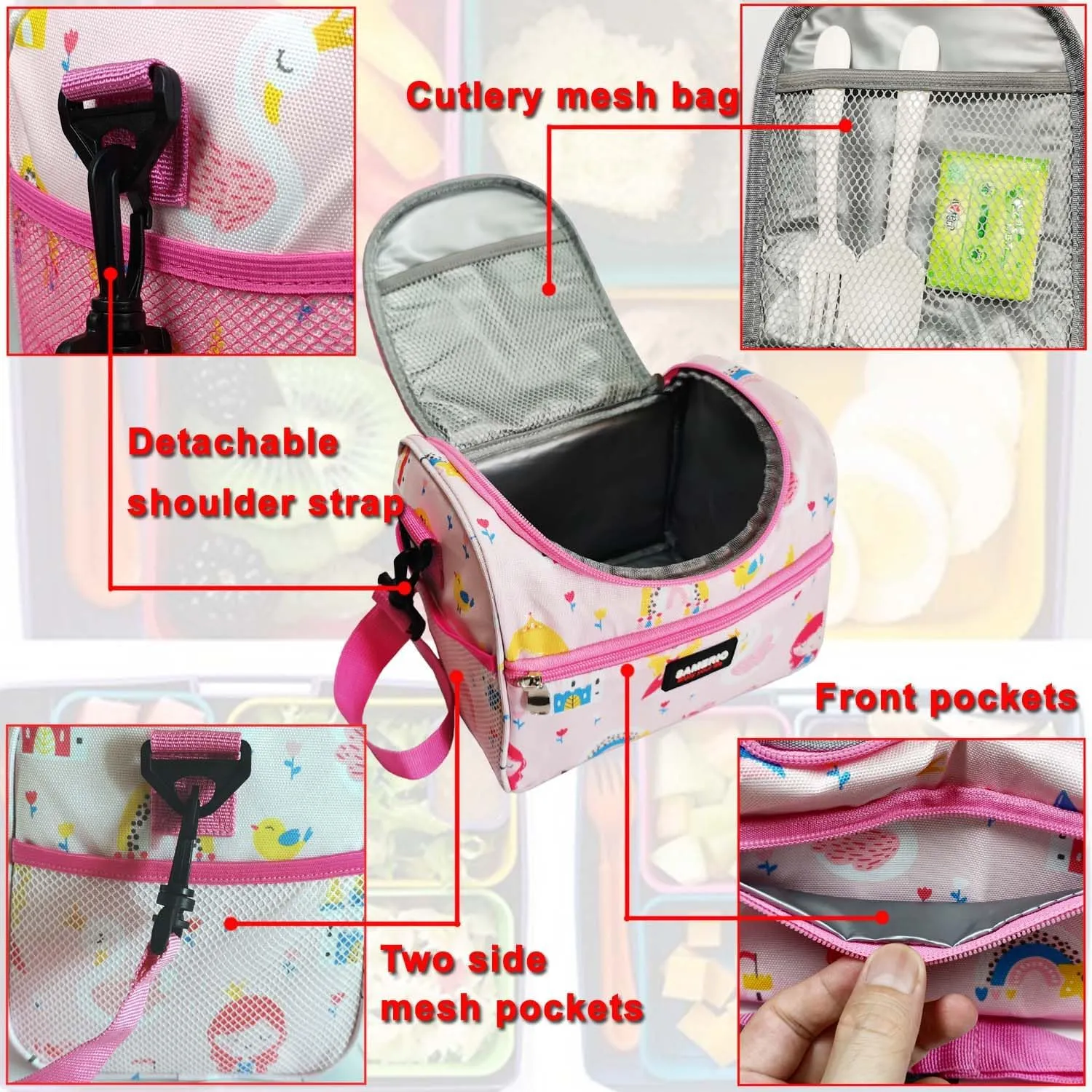Lunch Bag for Girls Cooler Lunch Box for Children Student Kids Boys Small insulated Bento Bags for School Picnic with Detachable Strap Two Side Mesh Bottle Holder