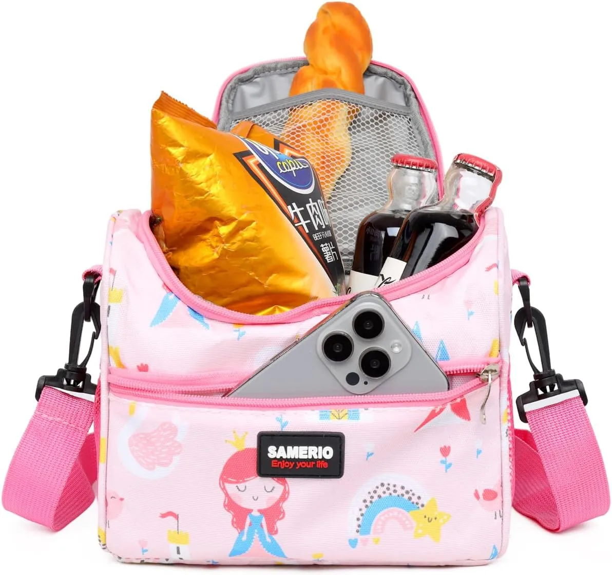 Lunch Bag for Girls Cooler Lunch Box for Children Student Kids Boys Small insulated Bento Bags for School Picnic with Detachable Strap Two Side Mesh Bottle Holder