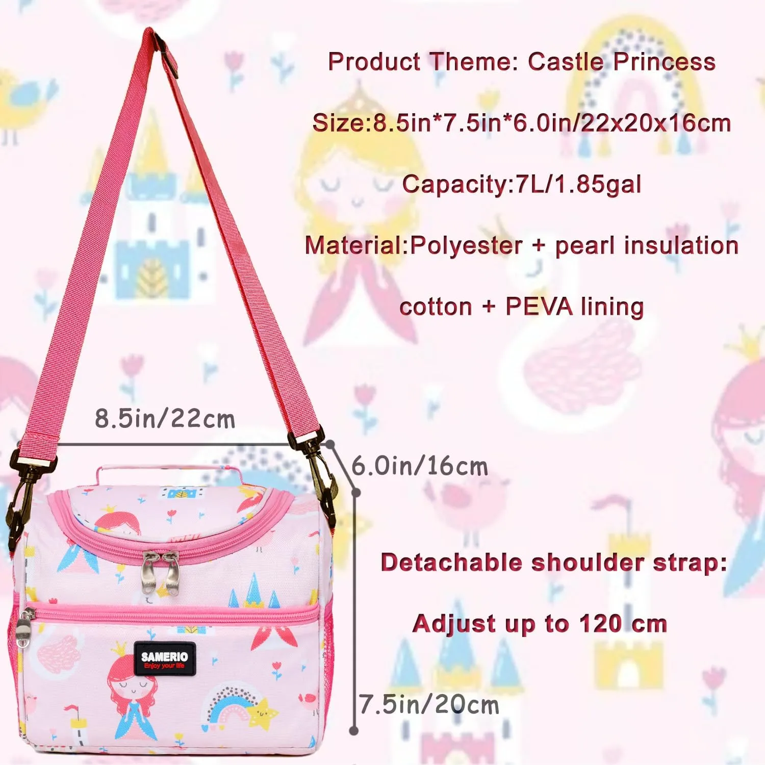 Lunch Bag for Girls Cooler Lunch Box for Children Student Kids Boys Small insulated Bento Bags for School Picnic with Detachable Strap Two Side Mesh Bottle Holder