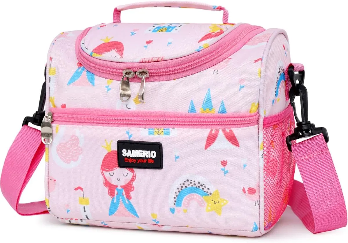 Lunch Bag for Girls Cooler Lunch Box for Children Student Kids Boys Small insulated Bento Bags for School Picnic with Detachable Strap Two Side Mesh Bottle Holder