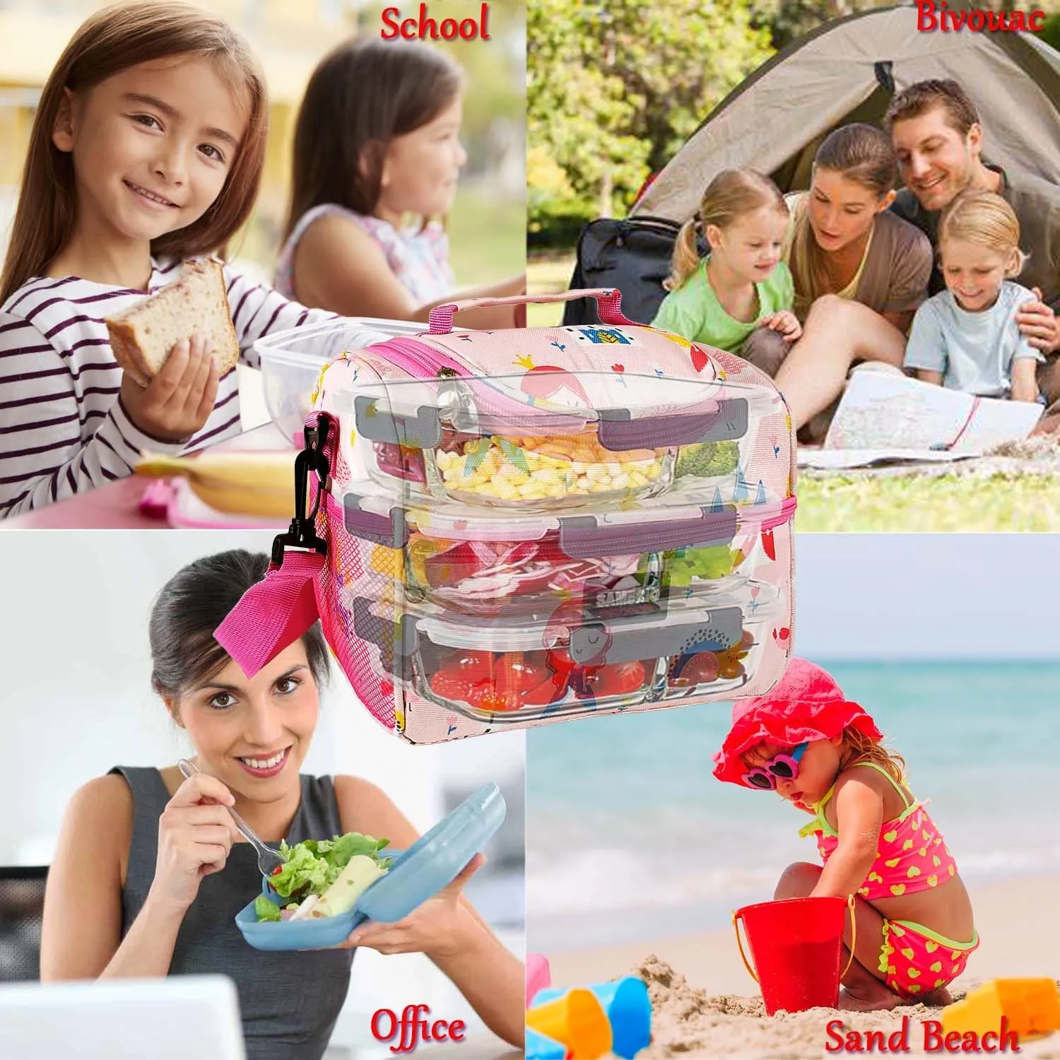 Lunch Bag for Girls Cooler Lunch Box for Children Student Kids Boys Small insulated Bento Bags for School Picnic with Detachable Strap Two Side Mesh Bottle Holder