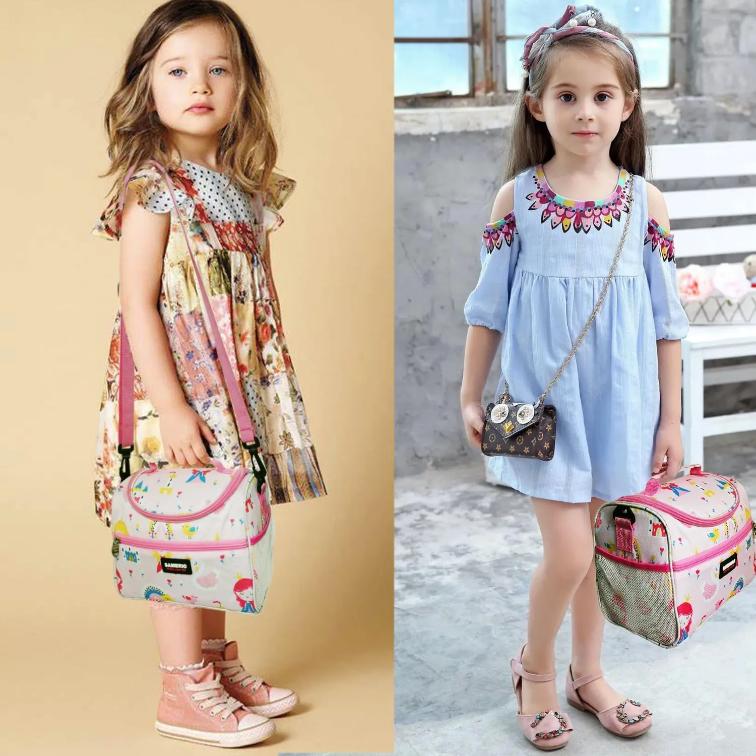 Lunch Bag for Girls Cooler Lunch Box for Children Student Kids Boys Small insulated Bento Bags for School Picnic with Detachable Strap Two Side Mesh Bottle Holder
