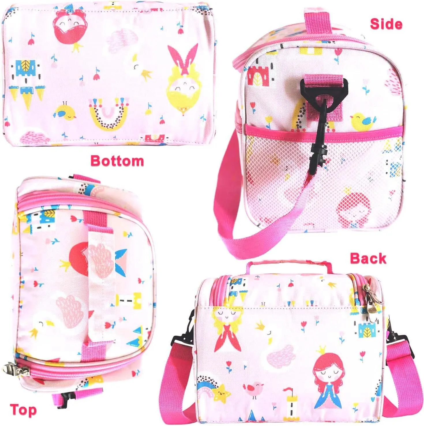Lunch Bag for Girls Cooler Lunch Box for Children Student Kids Boys Small insulated Bento Bags for School Picnic with Detachable Strap Two Side Mesh Bottle Holder