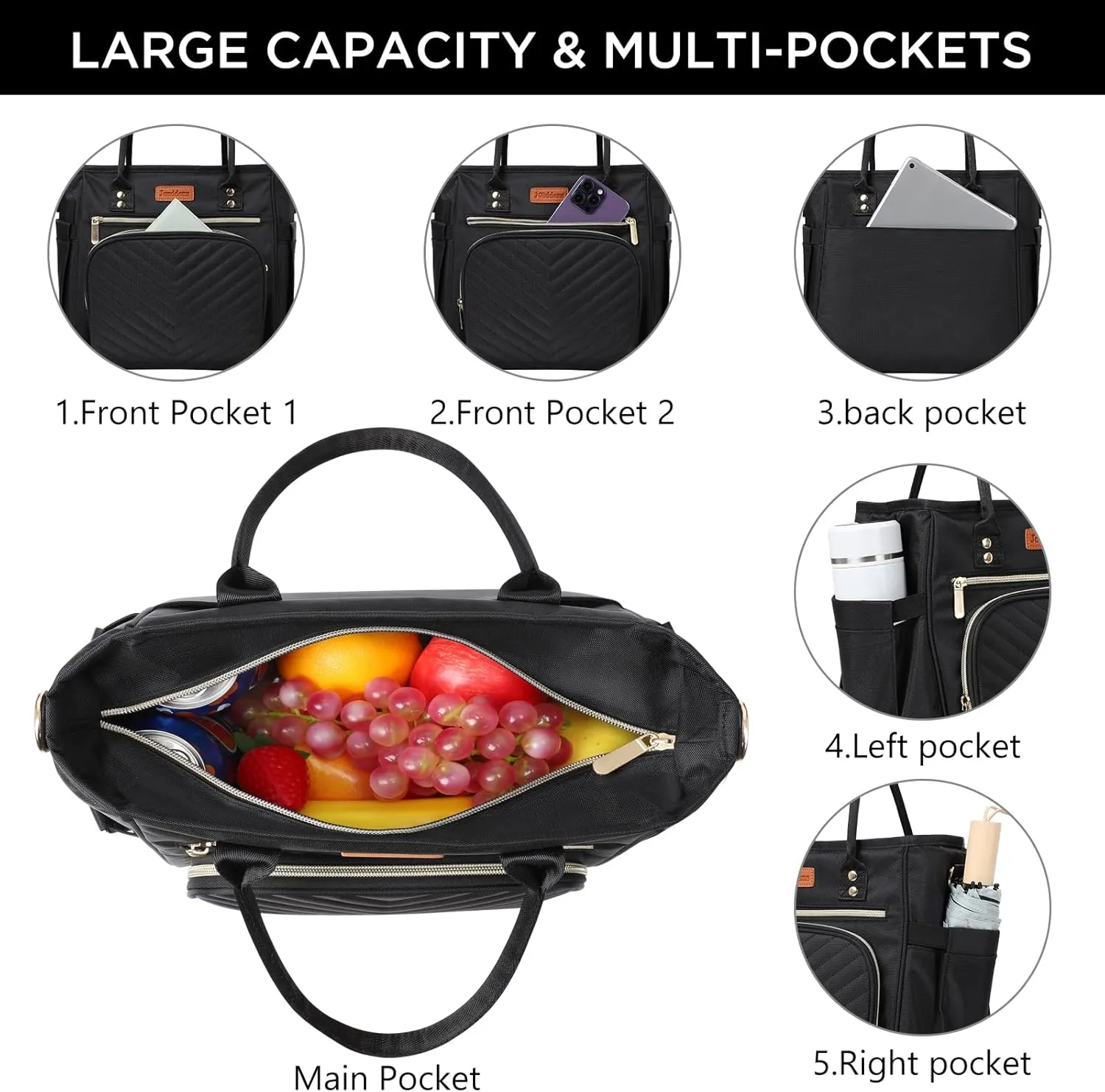Lunch Bag Women,Insulated Lunch Box for Women Men with Shoulder Strap,Portable Reusable Large Adults Cooler Tote Bags for Work Picnic Hiking Beach (Black)