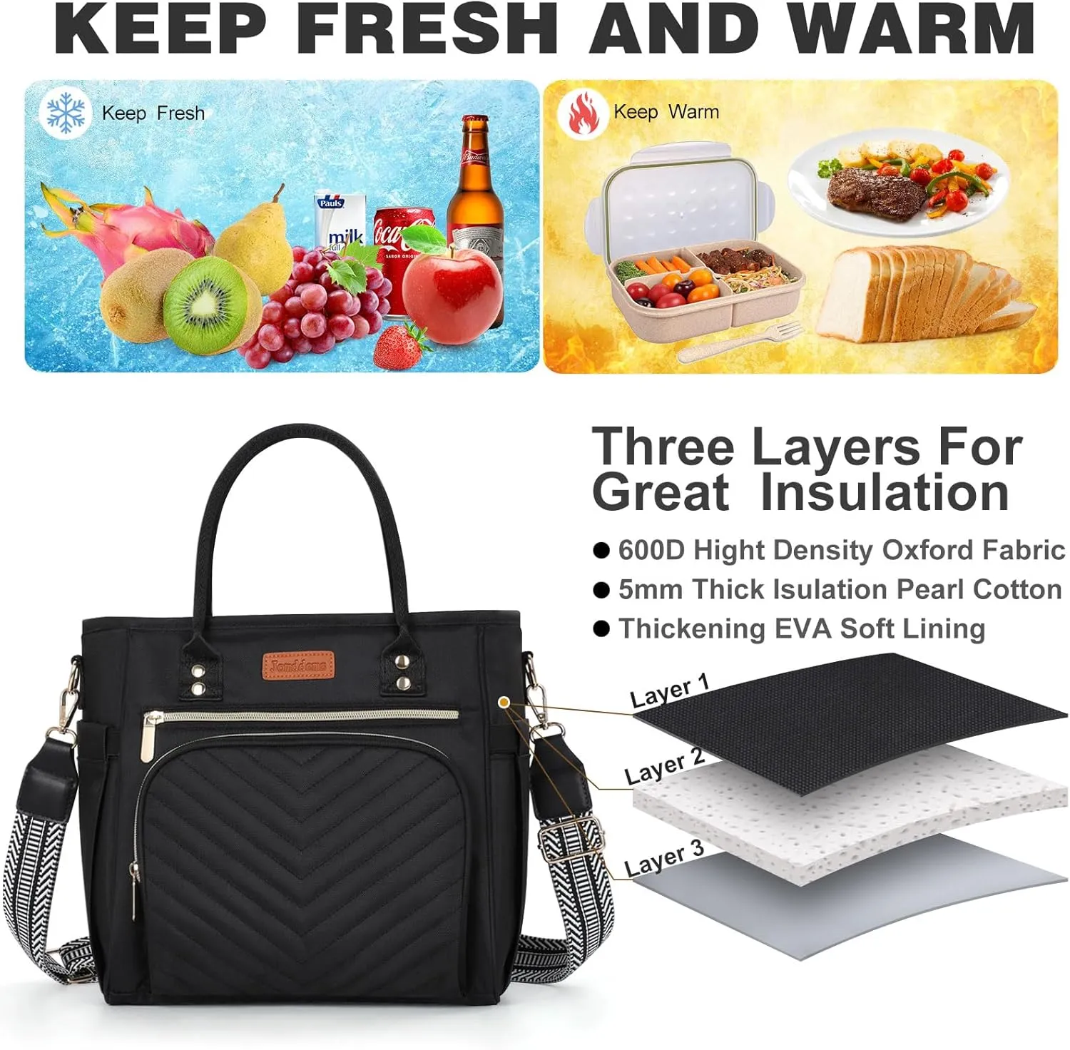 Lunch Bag Women,Insulated Lunch Box for Women Men with Shoulder Strap,Portable Reusable Large Adults Cooler Tote Bags for Work Picnic Hiking Beach (Black)