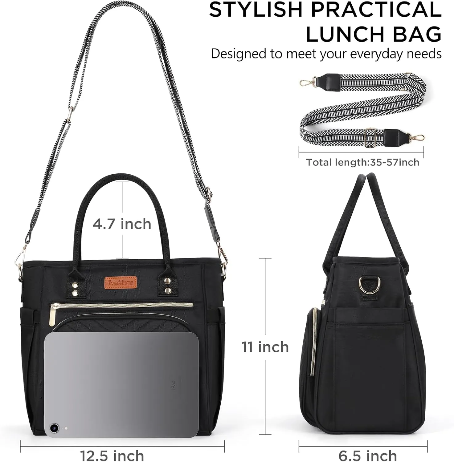 Lunch Bag Women,Insulated Lunch Box for Women Men with Shoulder Strap,Portable Reusable Large Adults Cooler Tote Bags for Work Picnic Hiking Beach (Black)