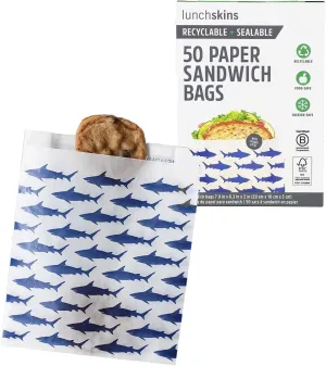 Lunchskins Recyclable & Sealable Food Storage Sandwich Bags, Shark Design, 50 Bags - Eco-Friendly, Made Without PFAS and BPA